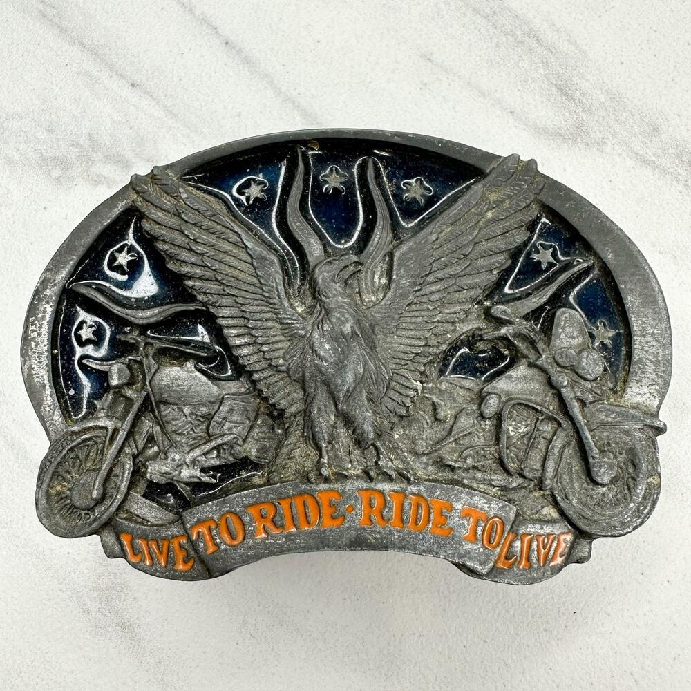 Vintage 1991 C&J Live to Ride Ride to Live Eagle Biker Belt Buckle USA ✨